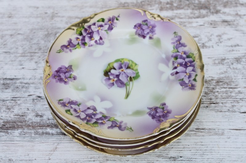 early 1900s antique hand painted china plates w/ violets, Prussia ES Erdmann Schlegelmilch 1861 mark