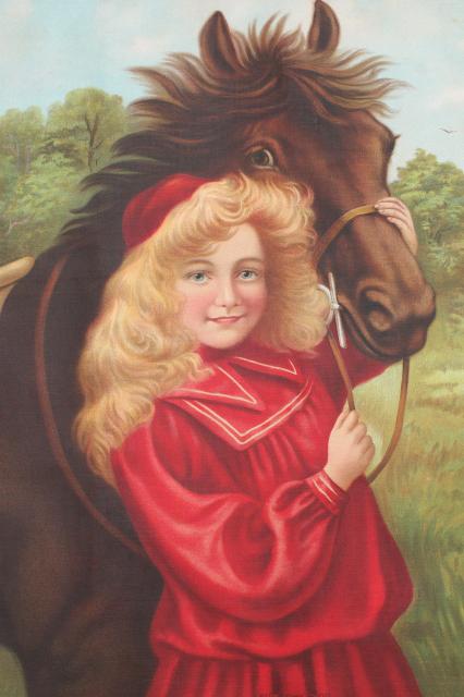 early 1900s antique picture print on fabric Little Red Riding Hood pretty girl art