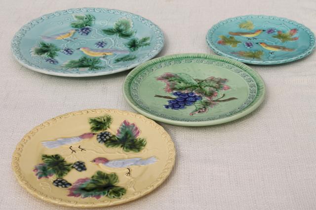 early 1900s vintage antique majolica pottery plates, birds & berries plate collection