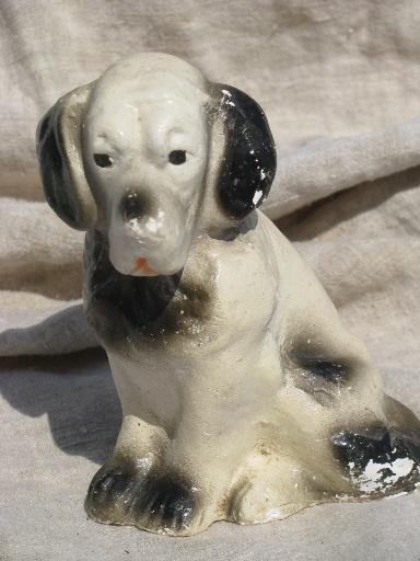 early 1900s vintage chalk dog, painted plaster spaniel chalkware figure