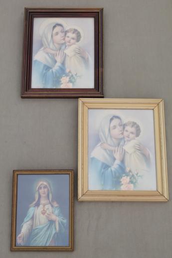 early 1900s vintage color litho religious prints, Sacred Heart Mary & Christ Child
