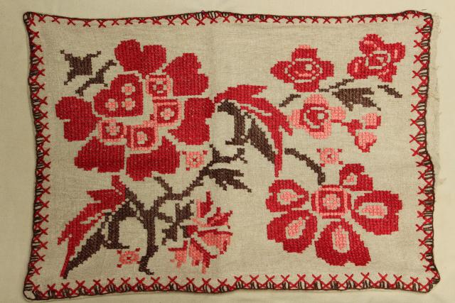 early 1900s vintage flax fabric bench cushion cover floral embroidery in heavy linen thread