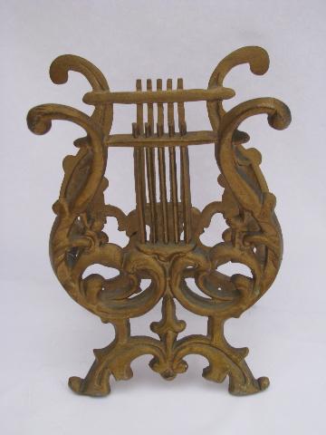 early 1900s vintage metal music stand, lyre harp piano rack w