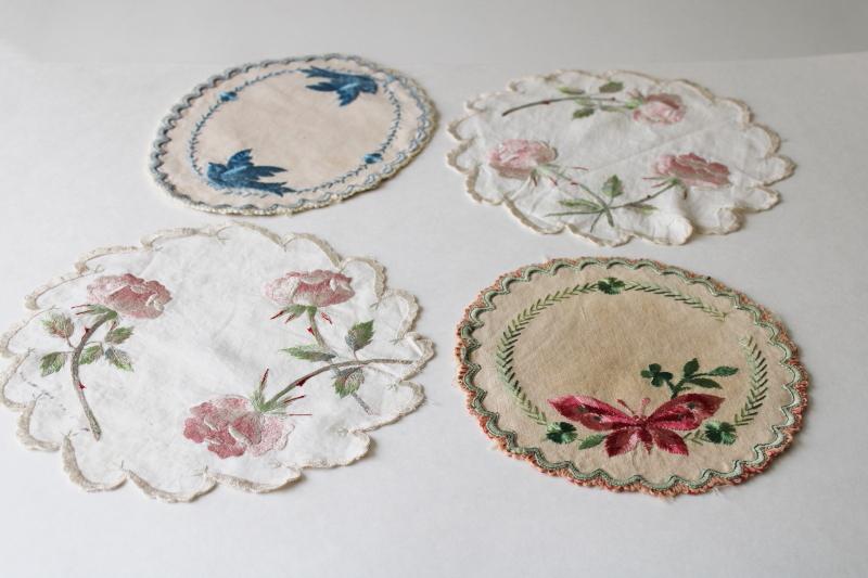 early 1900s vintage silk embroidery lamp table mats, roses, bluebirds, butterfly