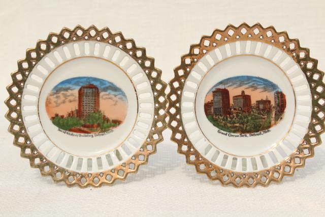 early 1900s vintage souvenir china plates, antique views of Detroit