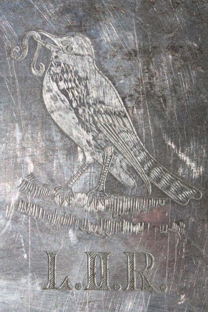 early 1900s vintage trophy silver waiter's tray w/ monogram & engraved robin bird w/ worm