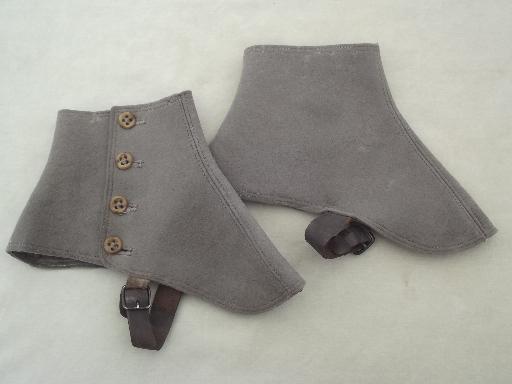 early 1900s vintage wool felt spats, antique grey wool spats