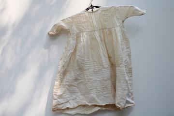 early 1900s vintage worn spotted white cotton baby dress w/ pintucks  lace insertion, antique whites