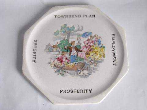 early 1930s vintage china kitchen trivet, Townsend Plan - Employment - Prosperity - Security