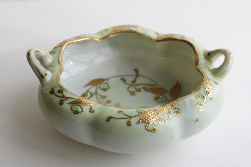 early Japan mark hand painted gold moriage china dish, melon shaped bowl w/ handles