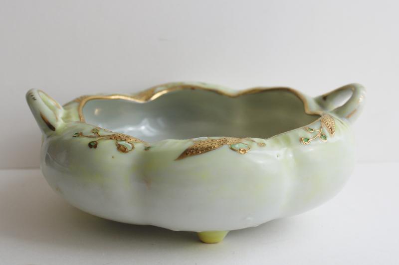 early Japan mark hand painted gold moriage china dish, melon shaped bowl w/ handles