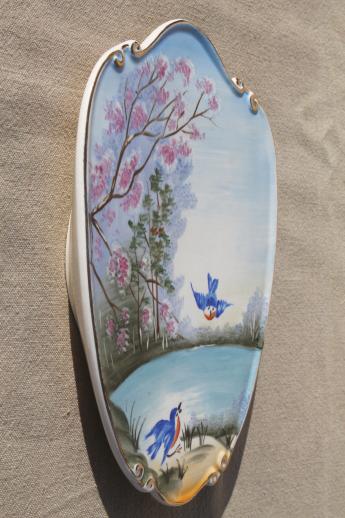 early Lefton Japan china wall plaque, hand-painted picture bluebirds flying