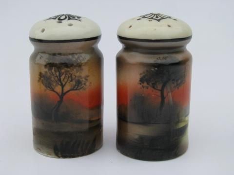 early Noritake china condiment set, salt & pepper, mustard pot, hand-painted landscapes