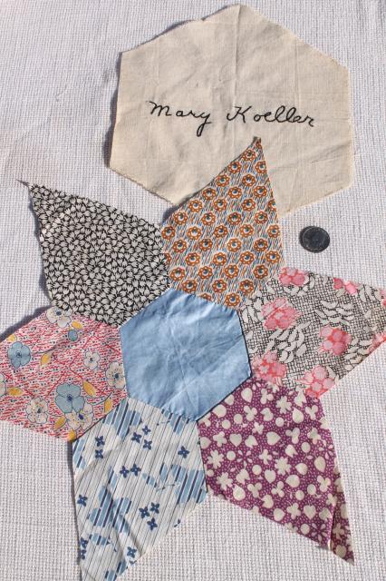 early century vintage friendship quilt blocks, cotton patchwork stars, embroidered album spacers