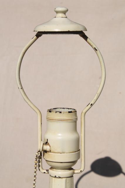early electric light, antique cast metal lamp w/ original reverse painted glass lampshade