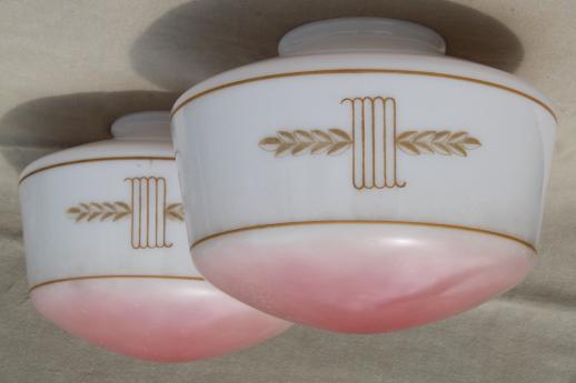 early electric light shades, painted milk glass schoolhouse pendant lamp shade pair ca. 1920