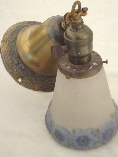 early electric vintage brass pendant light w/ handpainted glass shade