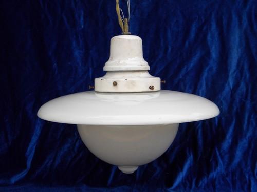 early electric vintage, industrial pendant light w/ milk glass reflector shade