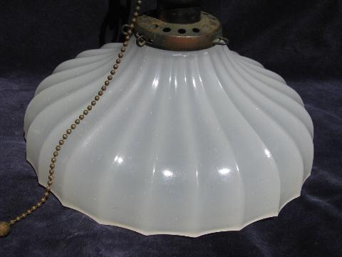 early electric vintage industrial pendant light, old translucent white glass shade