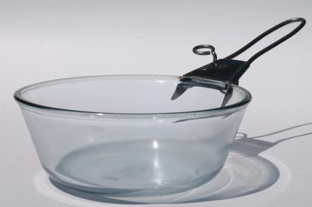 early vintage Pyrex flameware blue tint glass pans w/ antique metal clip on handle