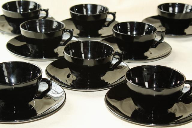 ebony black depression glass cups & saucers, art deco vintage elegant glass
