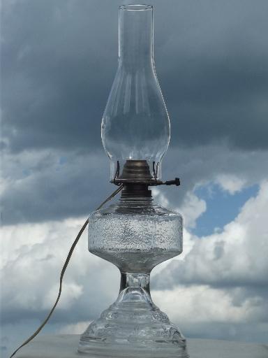 electricfied old glass  kero oil lamp, vintage chimney shade lamp