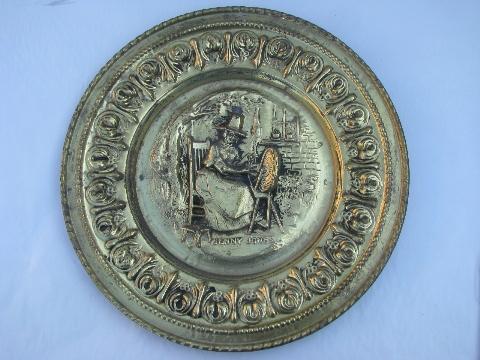 embossed solid brass chargers, large plates or trays, Old England scenes