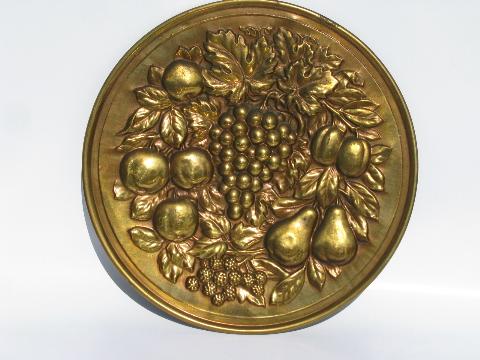 embossed solid brass chargers, large plates or trays, fruit pattern, vintage England