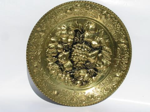 embossed solid brass chargers, large plates or trays, fruit pattern, vintage England
