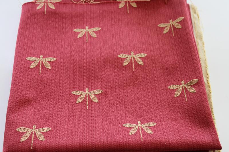 embroidered dragonflies home decor fabric, pale gold insects on rose red sateen