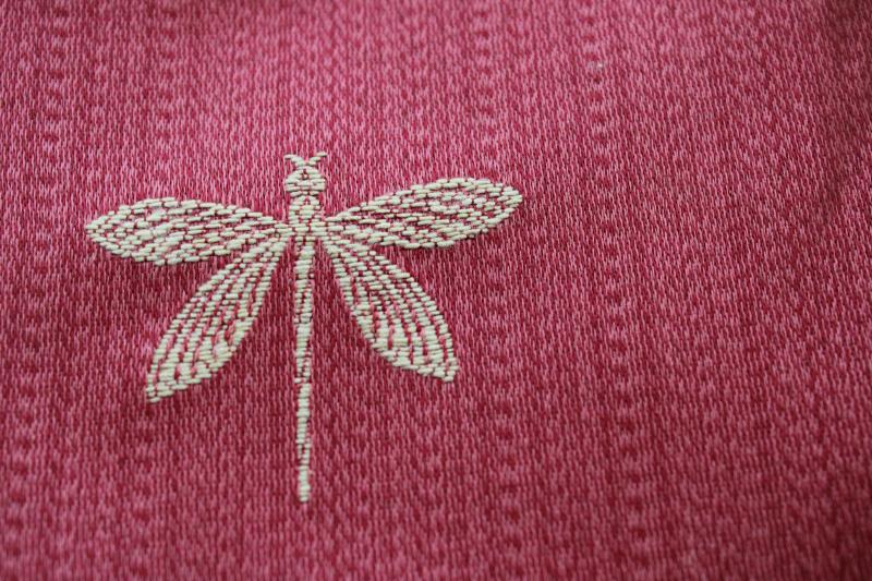 embroidered dragonflies home decor fabric, pale gold insects on rose red sateen
