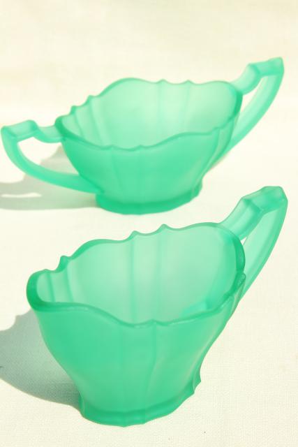 emerald green satin glass frosted cream & sugar set, art deco vintage depression glass