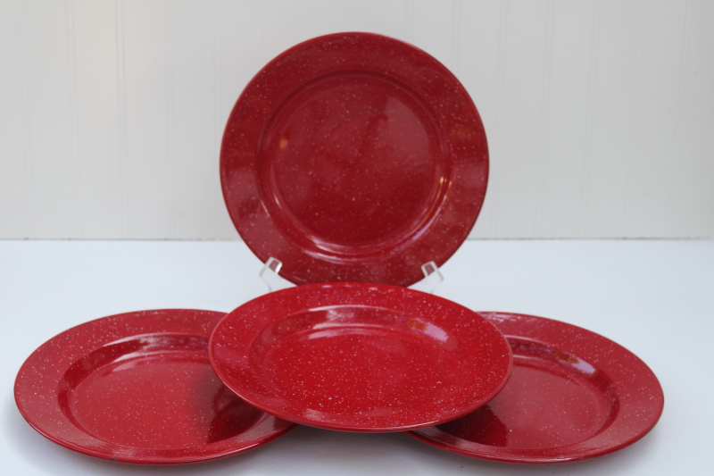 enamelware camp plates set, white spatter speckled red enamel metal dinner plates Christmas or 4th of July