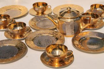 encrusted gold & silver colonial couple china tea set, vintage Arzberg Bavaria porcelain