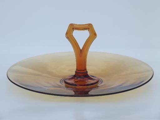epression era vintage amber glass serving tray plate w/ center handle 