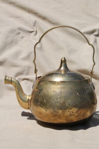 etched brass tea kettle, vintage Indian brass teapot handmade in India 