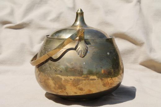 etched brass tea kettle, vintage Indian brass teapot handmade in