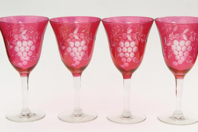 etched grapes water glasses or wine goblets, clear stem cranberry or ruby red stain glass