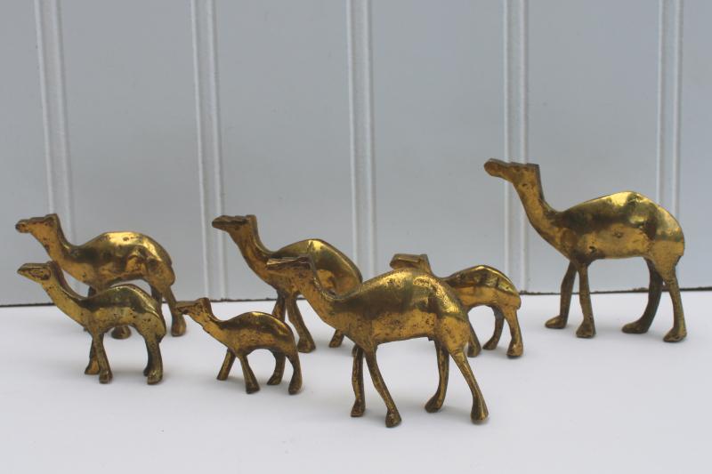 family of camels, vintage solid brass miniature animal figurines camel string
