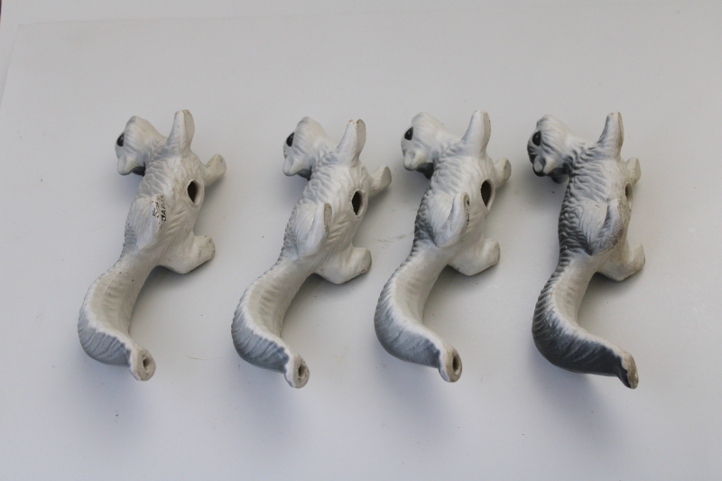 family of wall climber hanging squirrels, vintage Japan ceramic figurines grey squirrel