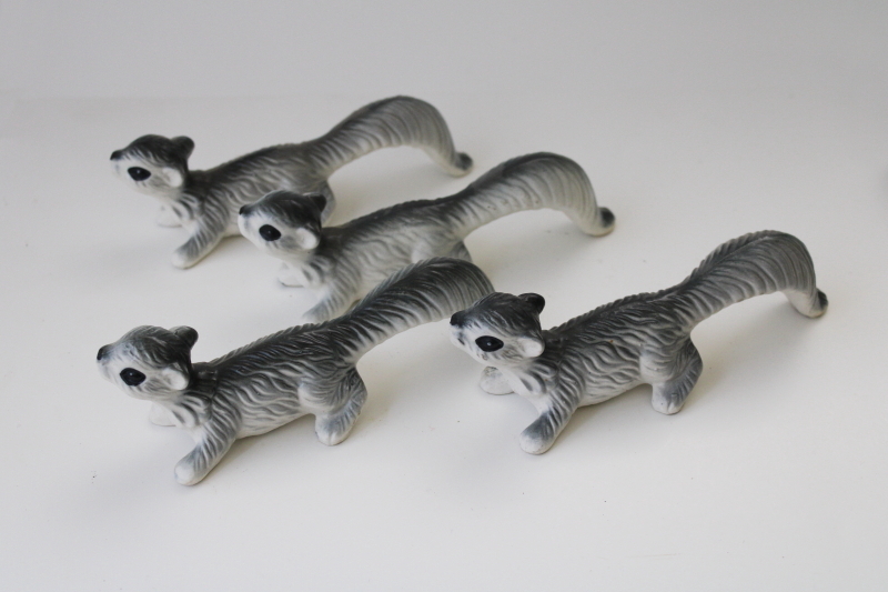family of wall climber hanging squirrels, vintage Japan ceramic figurines grey squirrel