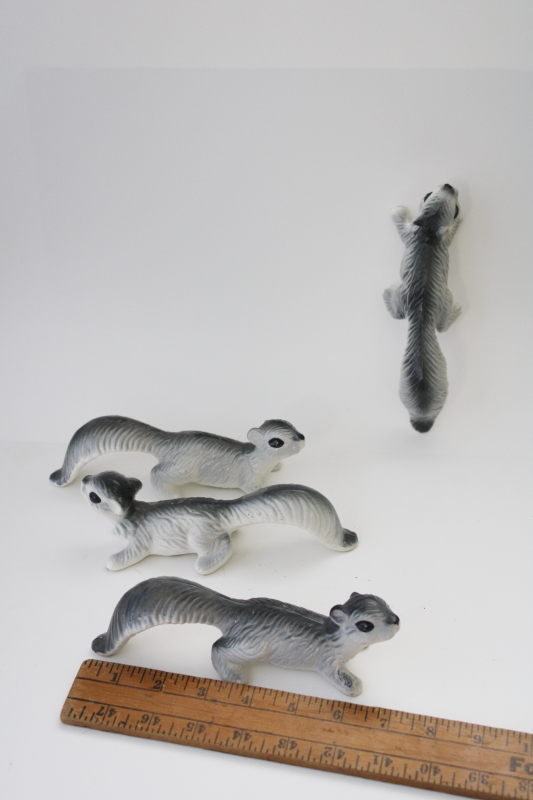 family of wall climber hanging squirrels, vintage Japan ceramic figurines grey squirrel