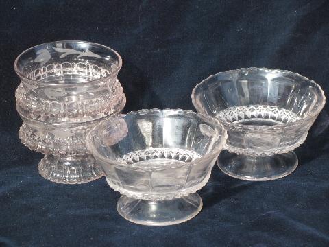 fancy antique vintage pattern glass ice cream dishes, small pedestal bowls