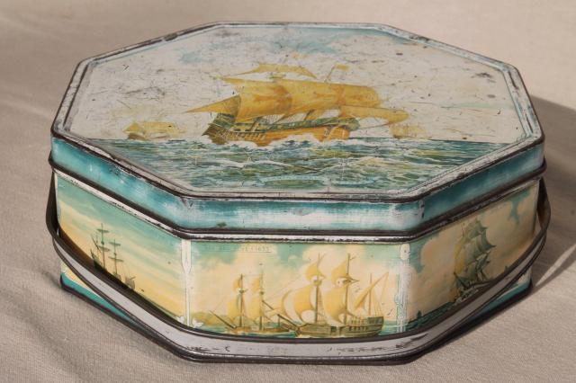 fancy shabby vintage tins, metal sewing box & candy / cookies tin