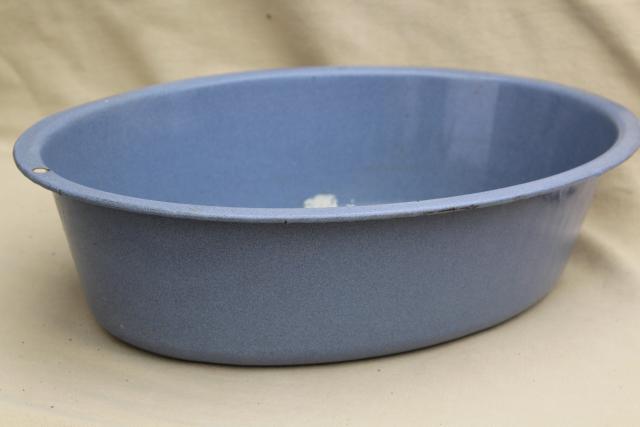 farmhouse blue vintage enamel ware basin, large oval dishpan or wash tub, planter pot