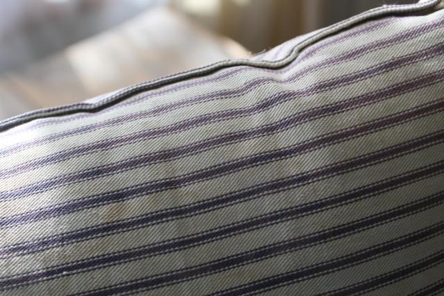 farmhouse country primitive vintage feather pillow, old indigo blue striped cotton ticking
