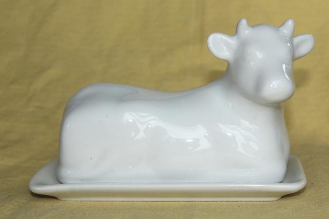 farmhouse kitchen butter dish, white ironstone china cow cover w/ butter plate