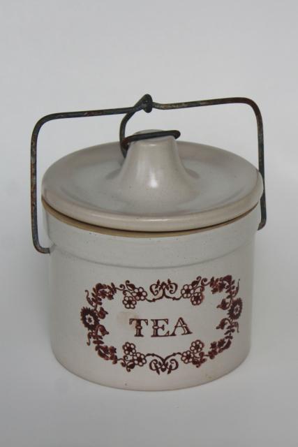 farmhouse kitchen vintage TEA canister, stoneware pottery crock jar w/ wire bail closure