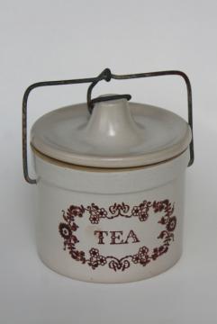 farmhouse kitchen vintage TEA canister, stoneware pottery crock jar w/ wire bail closure
