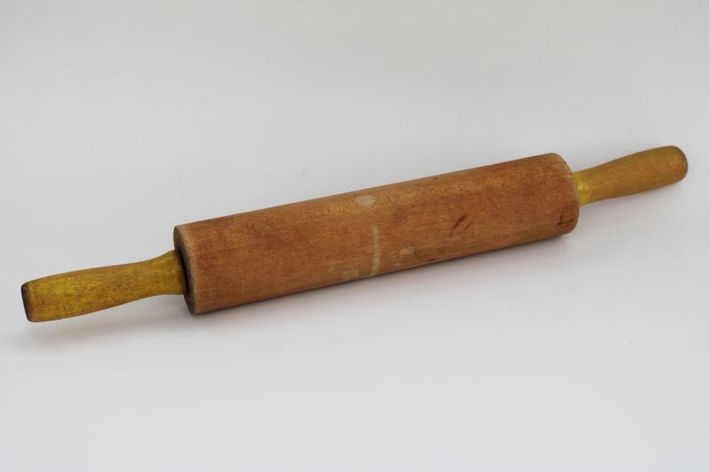 farmhouse kitchen vintage wooden rolling pin, hardwood w/ old yellow painted handles